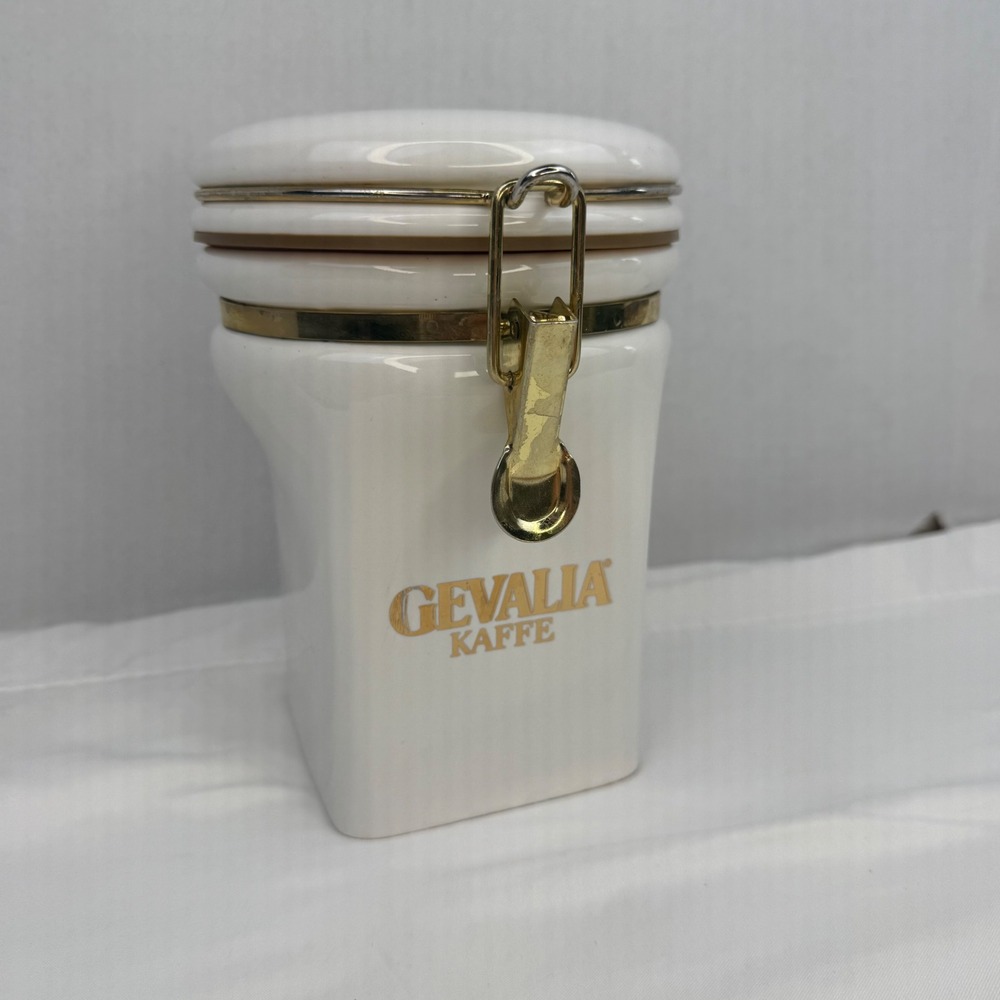 Vintage Gevalia Kaffe White Ceramic‎ Coffee Canister Gold Airtight Flip Top Lid